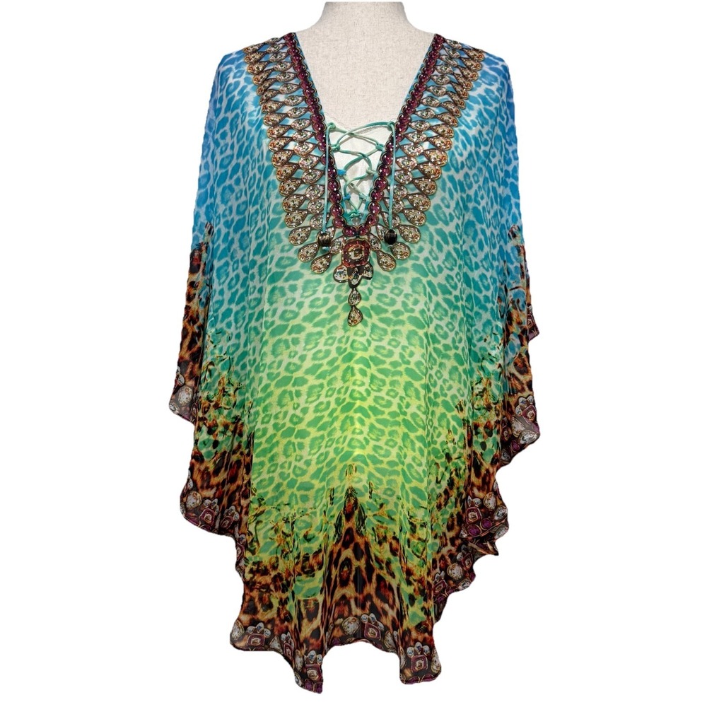 Kristals Poncho Kimono Kaftan Beach Cover-up Beaded Tassel‎ Top Large Vacation